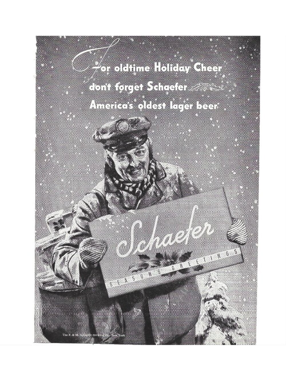 Print Ad Schaefer Beer Holiday Greetings Christmas Lager 1940s Winter  Vintage